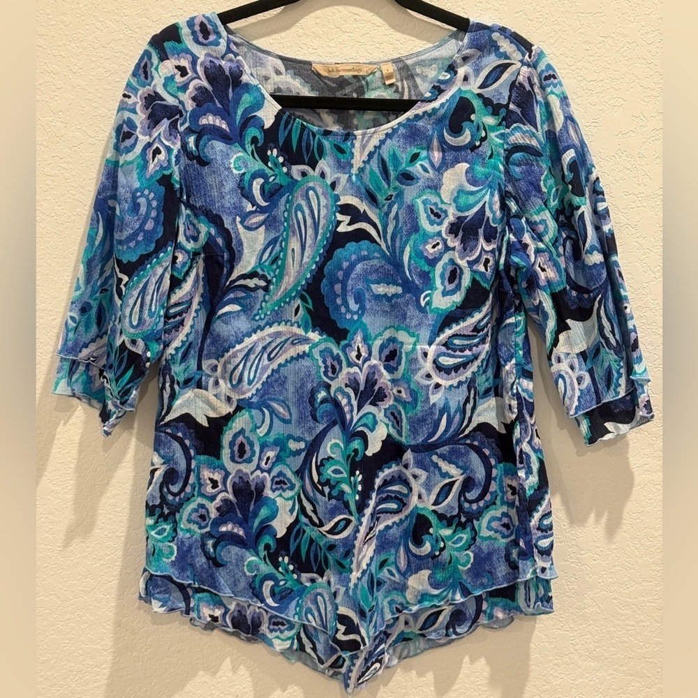 Soft Surroundings 100% Cotton Blue Paisley Women's Top
